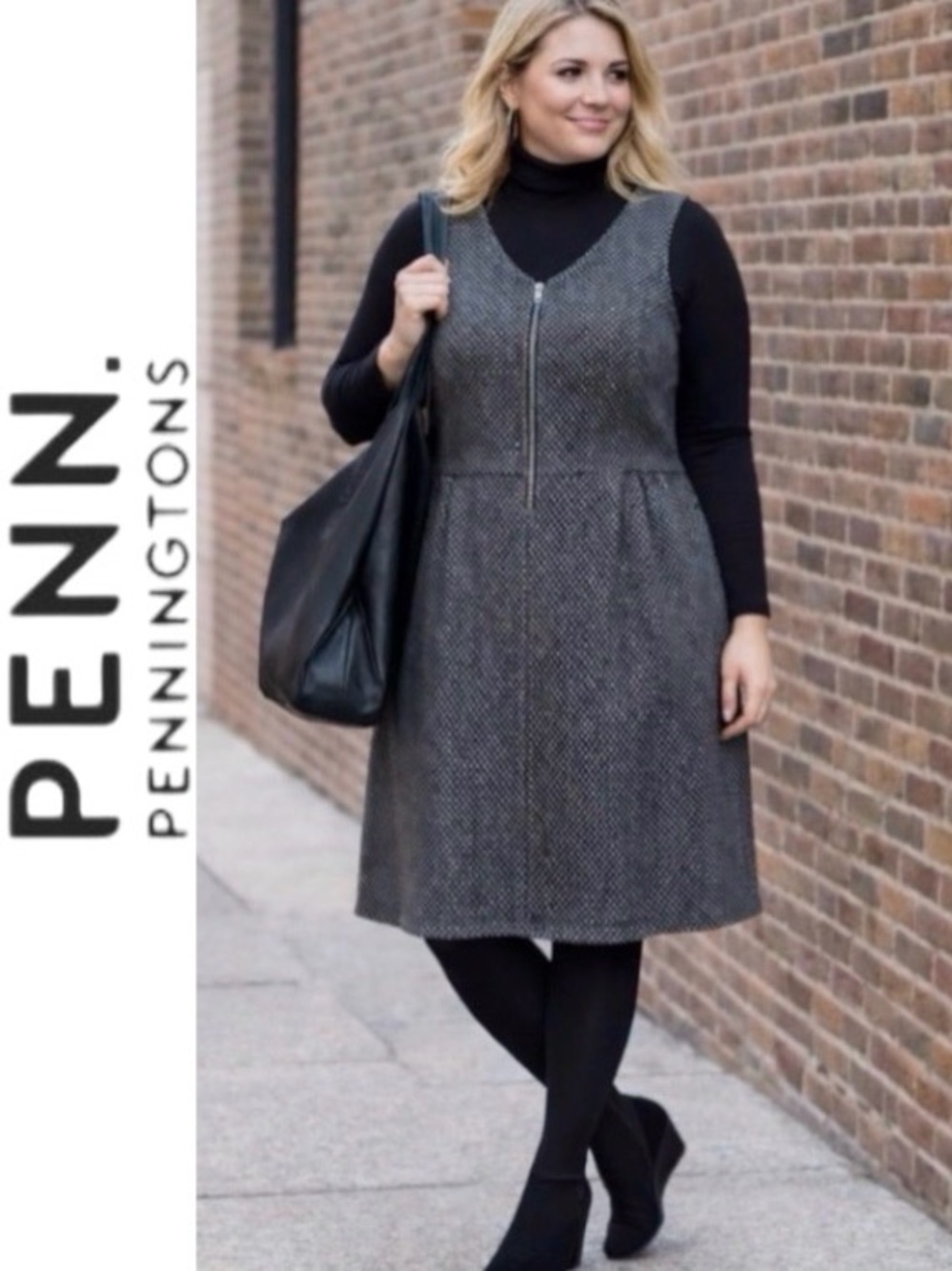 2X Penningtons Fit and Flare Knit Pinafore Dress, Allover Print and Front Zip